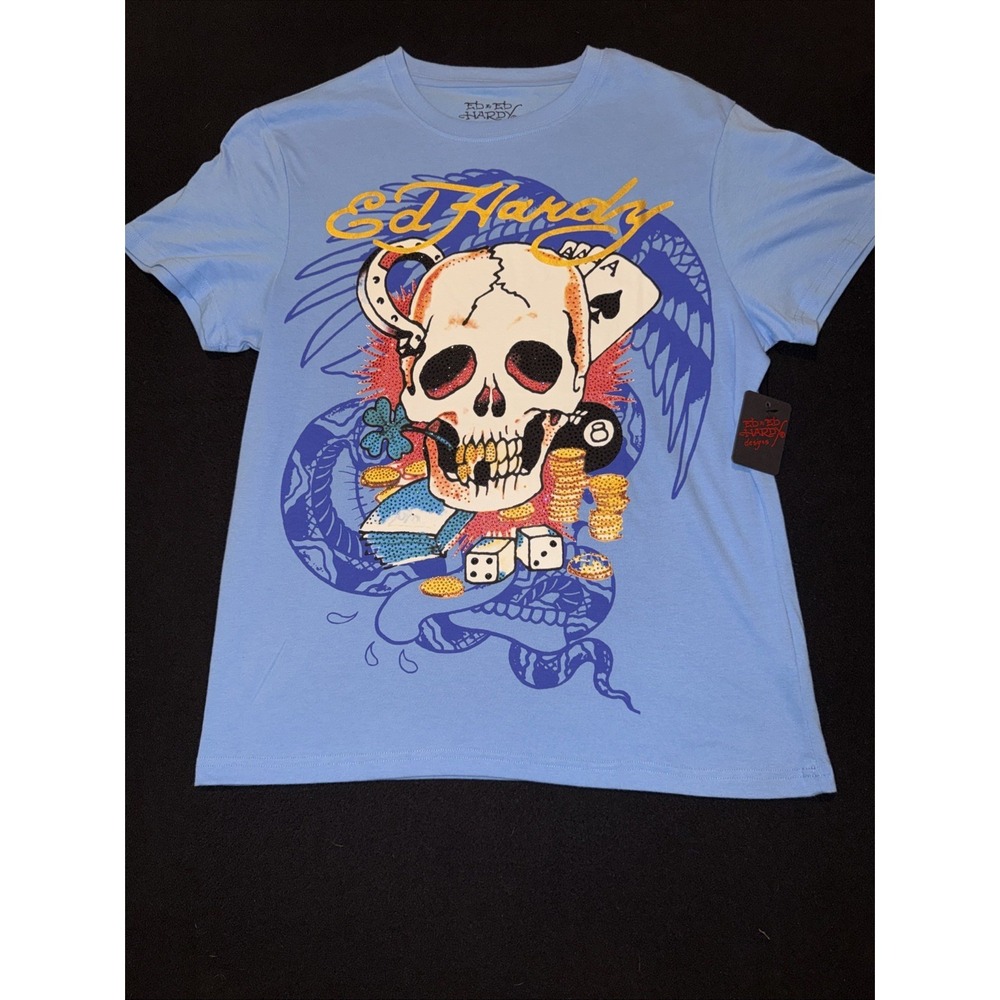 ED HARDY Short Sleeve T-Shirt Winer Takes All Skull And Dice Size Medium